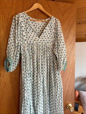 Daughters of India White Dress with Blue and Green Floral Print